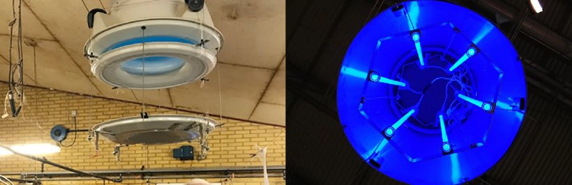 Figura 1. Sistemas UV-C integrados nas entradas de ventila&ccedil;&atilde;o que irradiam o ar antes de entrar na granja de su&iacute;nos. Esquerda: Entrada de ventila&ccedil;&atilde;o com tubos UV-C. &Agrave; direita: tubos UV-C colocados no interior da entrada.
